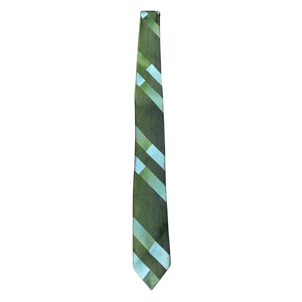 Vintage Lion Skinny Neck Tie Green Stripe Italian Silk Business Casual 60s Retro